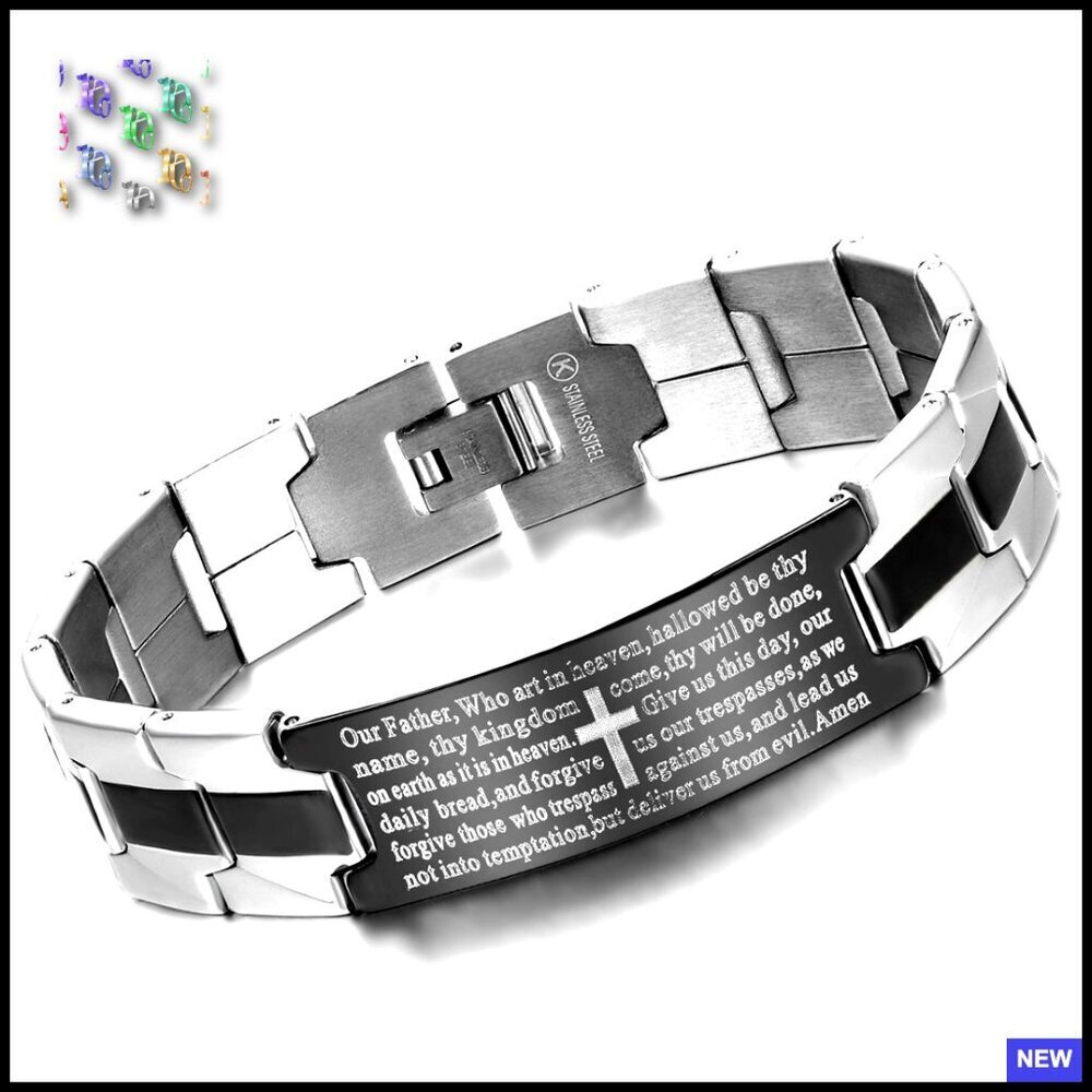 Vintage Stainless Steel Link Bracelet Religious Cross Bible Verse Engraved